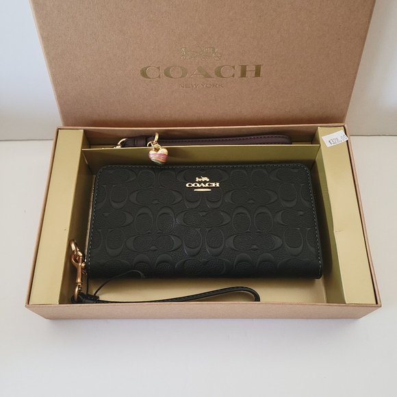 Coach Handbags - Coach CF464 Boxed Debossed Long Zip Around Wallet Clutch Wristlet Black 1 Charm